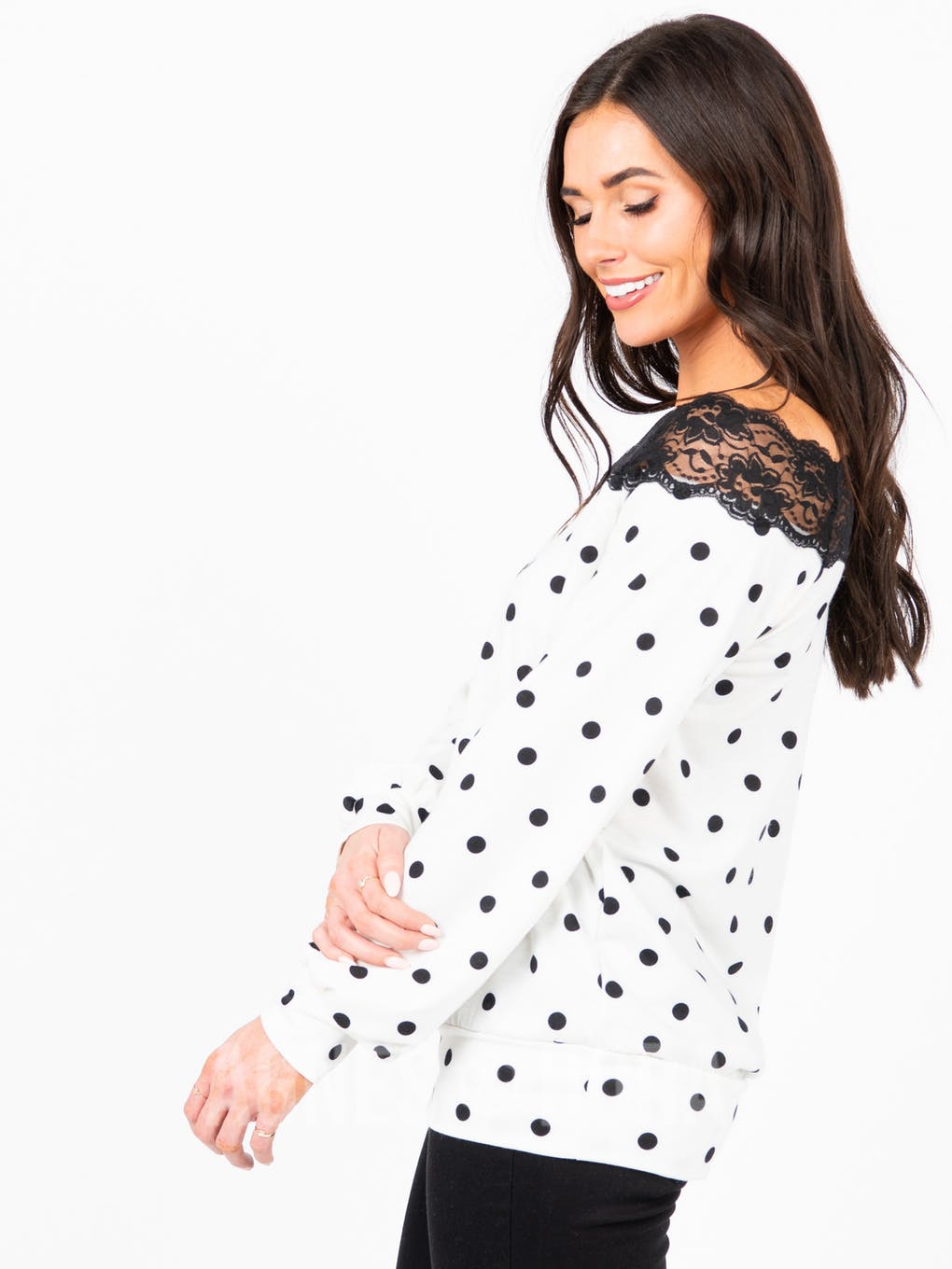 Off the Shoulder Lace Top Ivory Black Dot