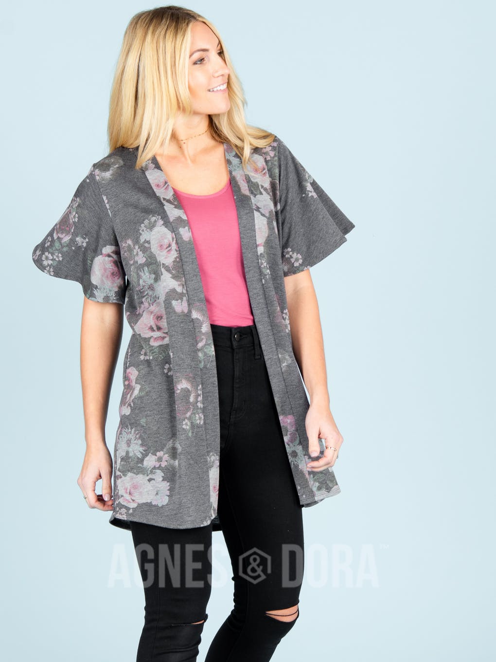 Flutter Sleeve Cardi Charcoal Floral