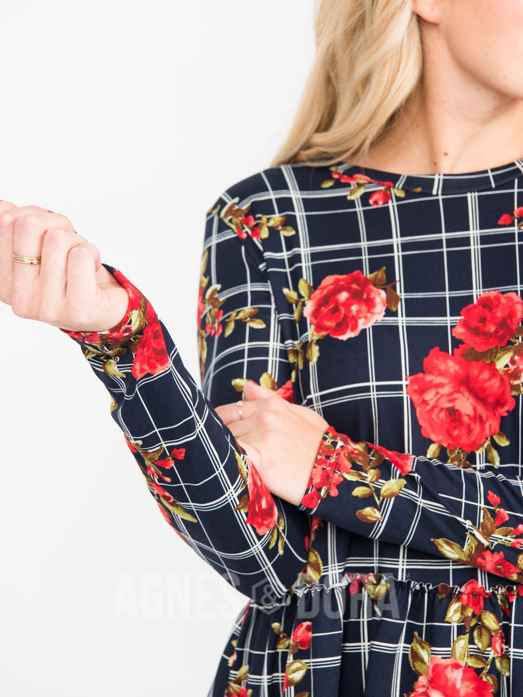 Relaxed Ruffle Tee Long Sleeve Navy (Floral Grid)