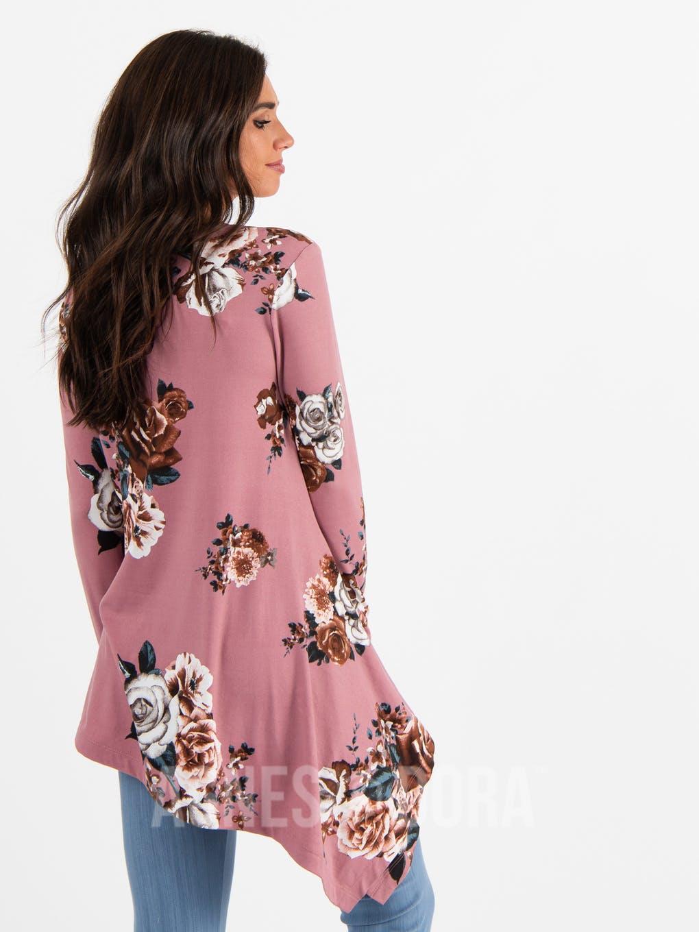 Asymmetrical Tunic Baby Suede Mauve Floral Long Sleeve