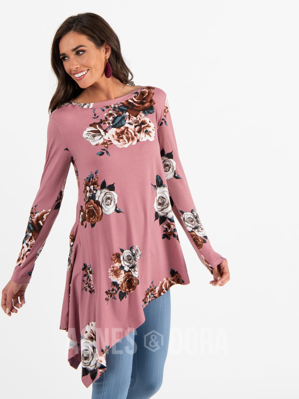 Asymmetrical Tunic Baby Suede Mauve Floral Long Sleeve