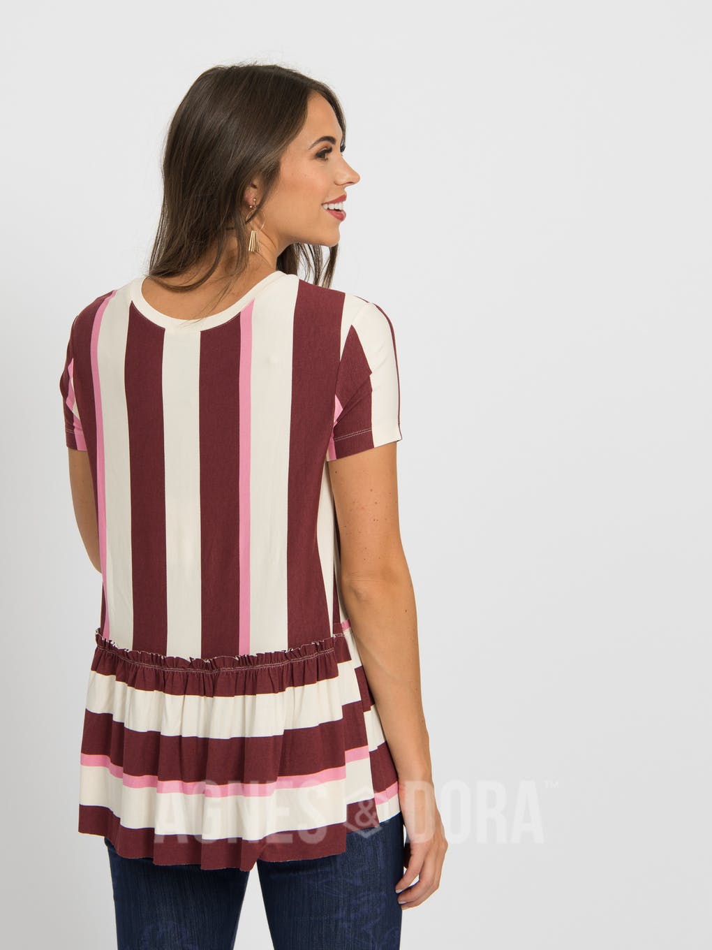 Relaxed Ruffle Tee Hello Fall Stripe - Black Cherry