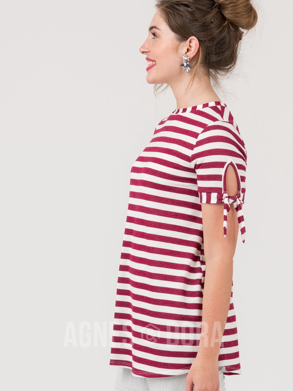 Tie Sleeve Top Ivory Wine Stripe