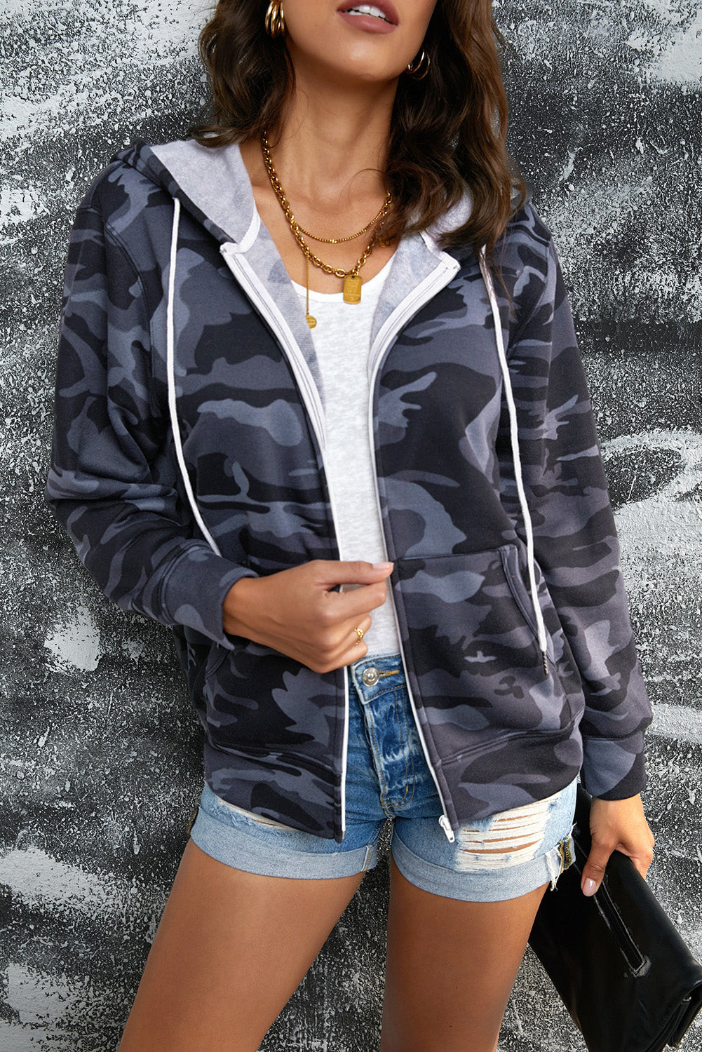 Double Take Camouflage Drawstring Detail Zip Up Hooded Jacket