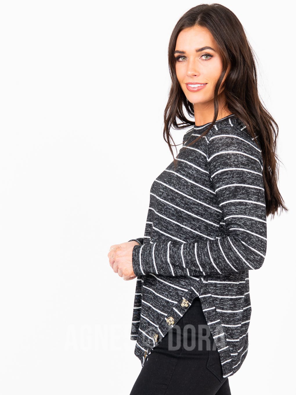 Side Button Sweater Black/Ivory Stripe