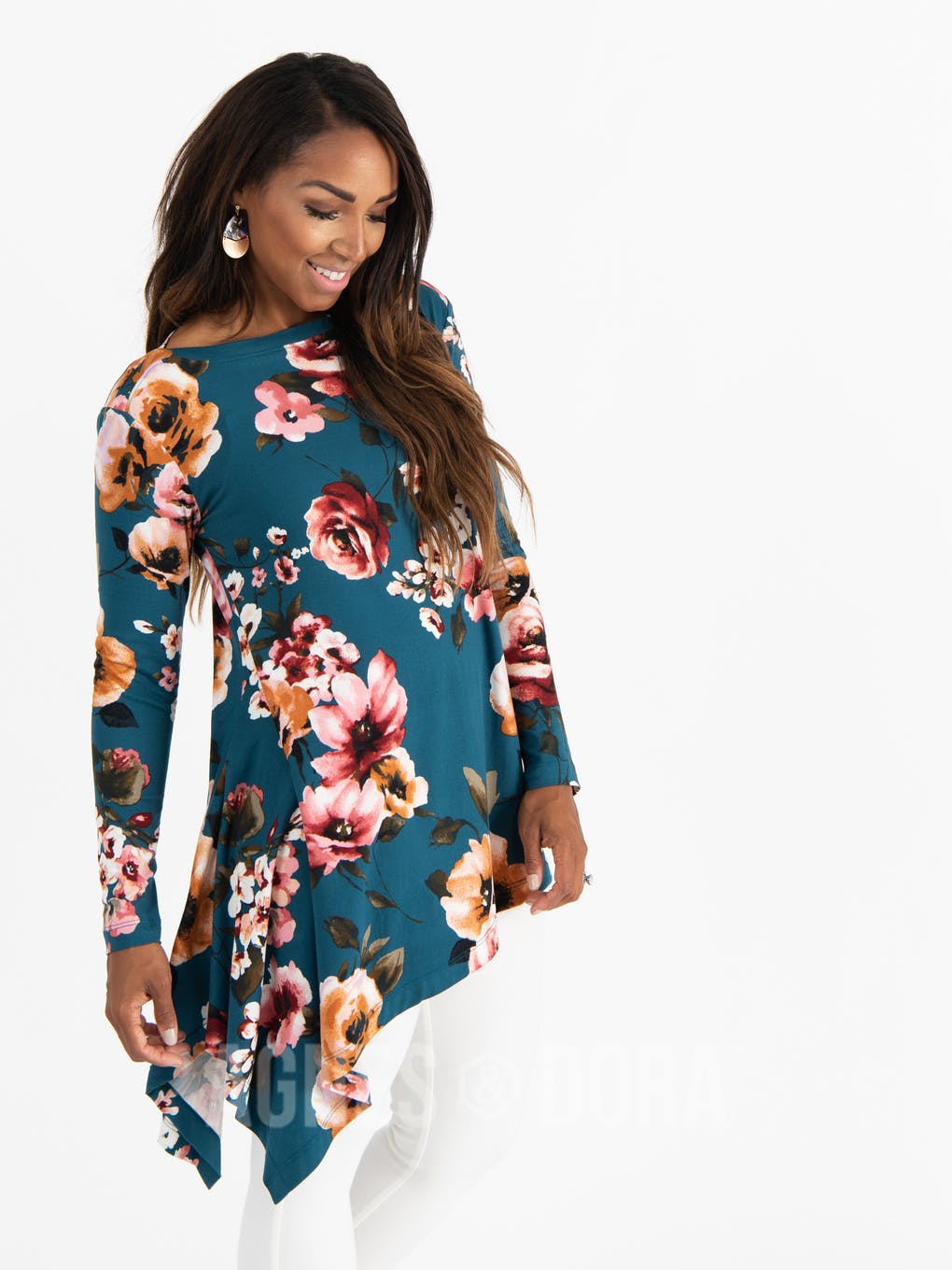 Asymmetrical Tunic Baby Suede Teal Based Floral Long Sleeve