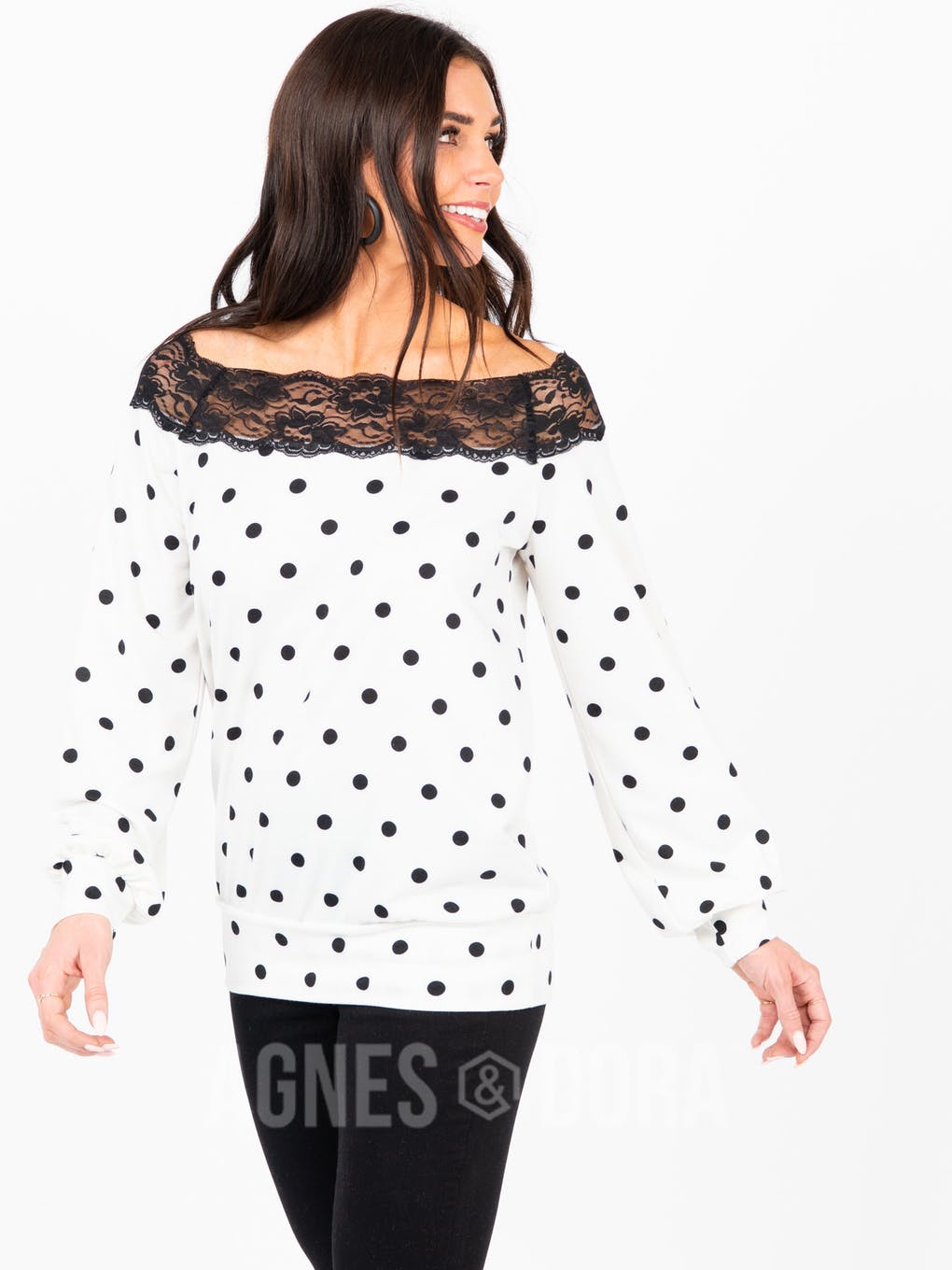 Off the Shoulder Lace Top Ivory Black Dot