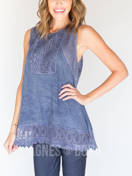 Woven Eyelet Tank Navy