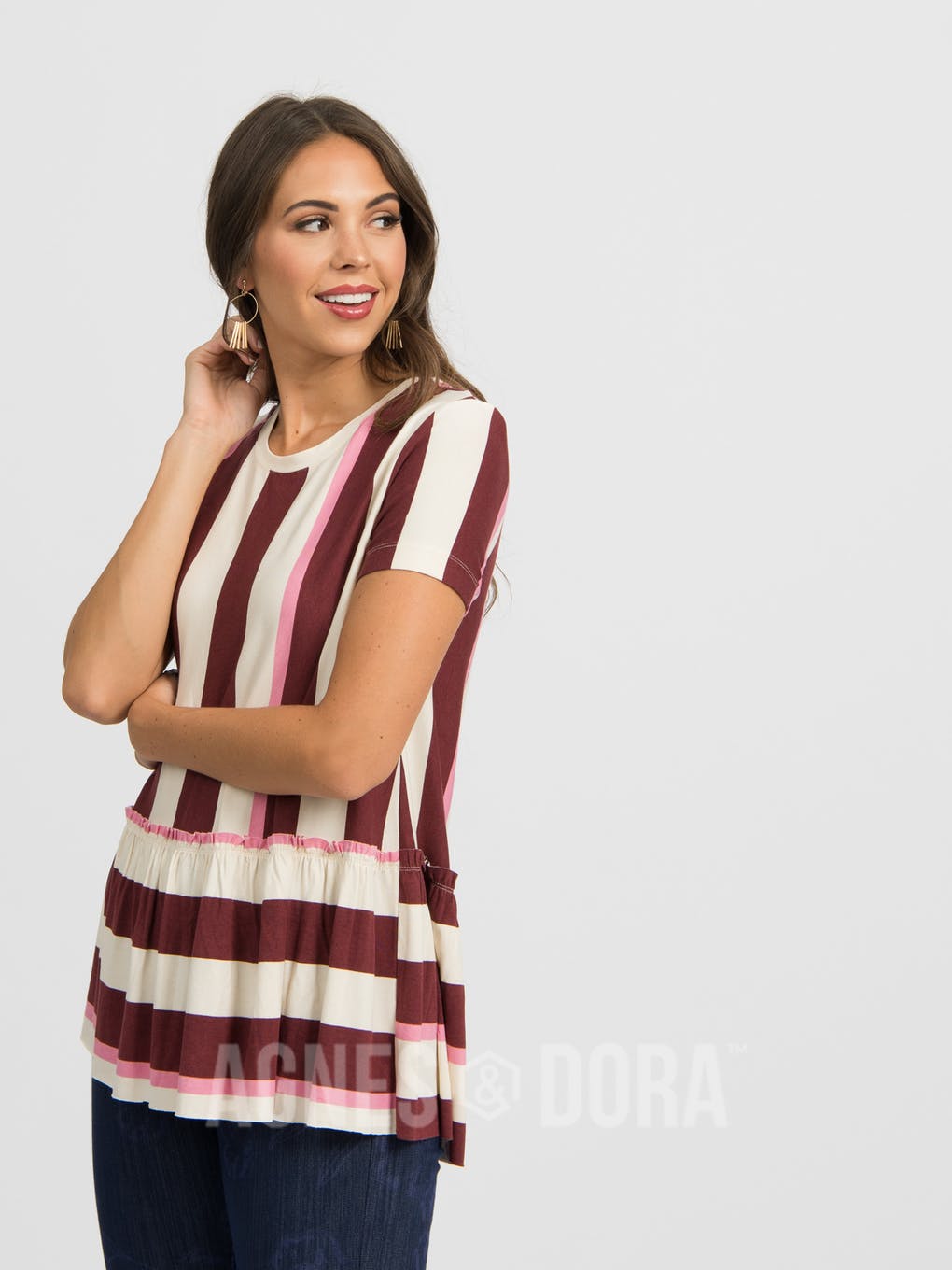 Relaxed Ruffle Tee Hello Fall Stripe - Black Cherry