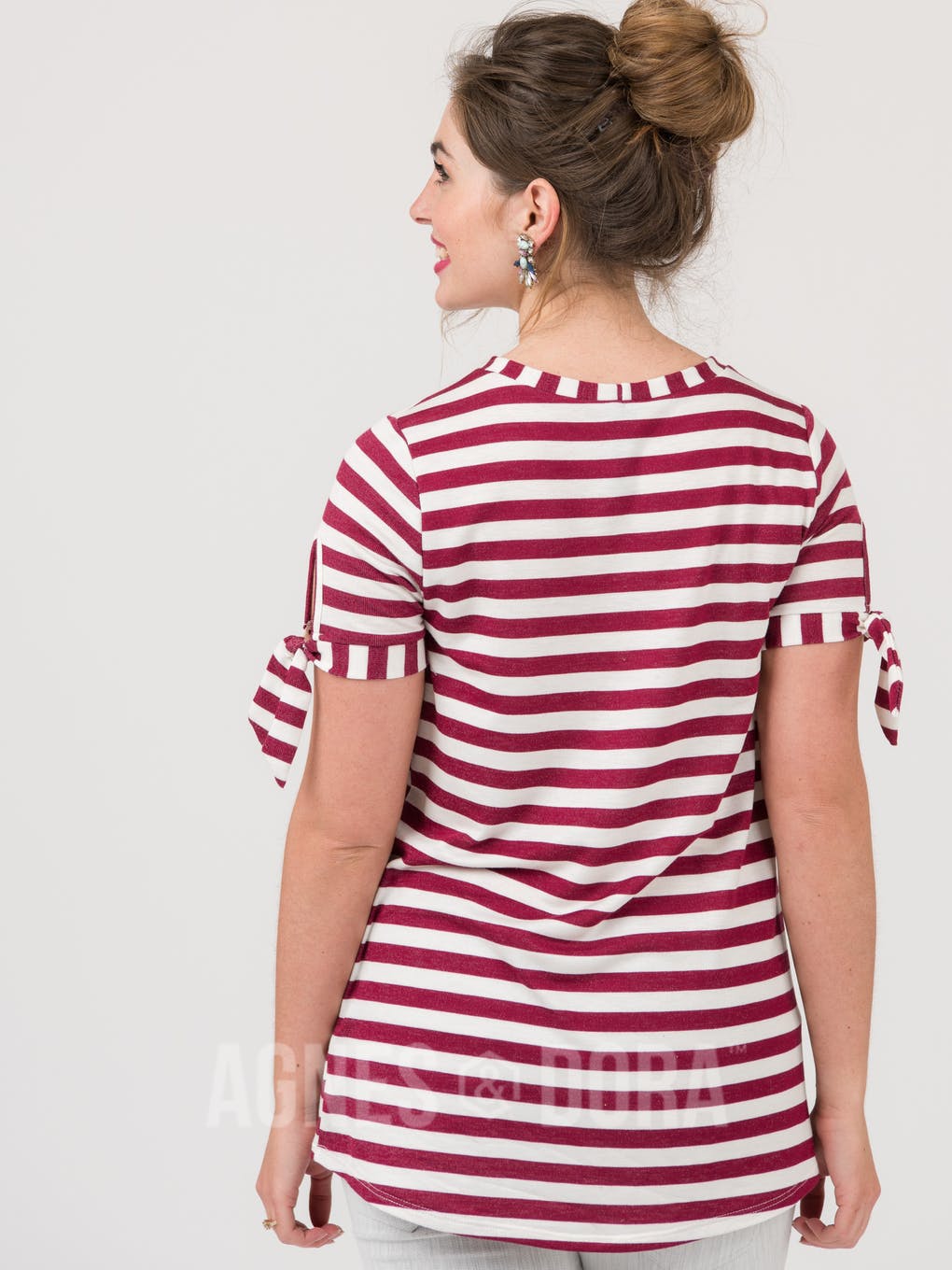 Tie Sleeve Top Ivory Wine Stripe