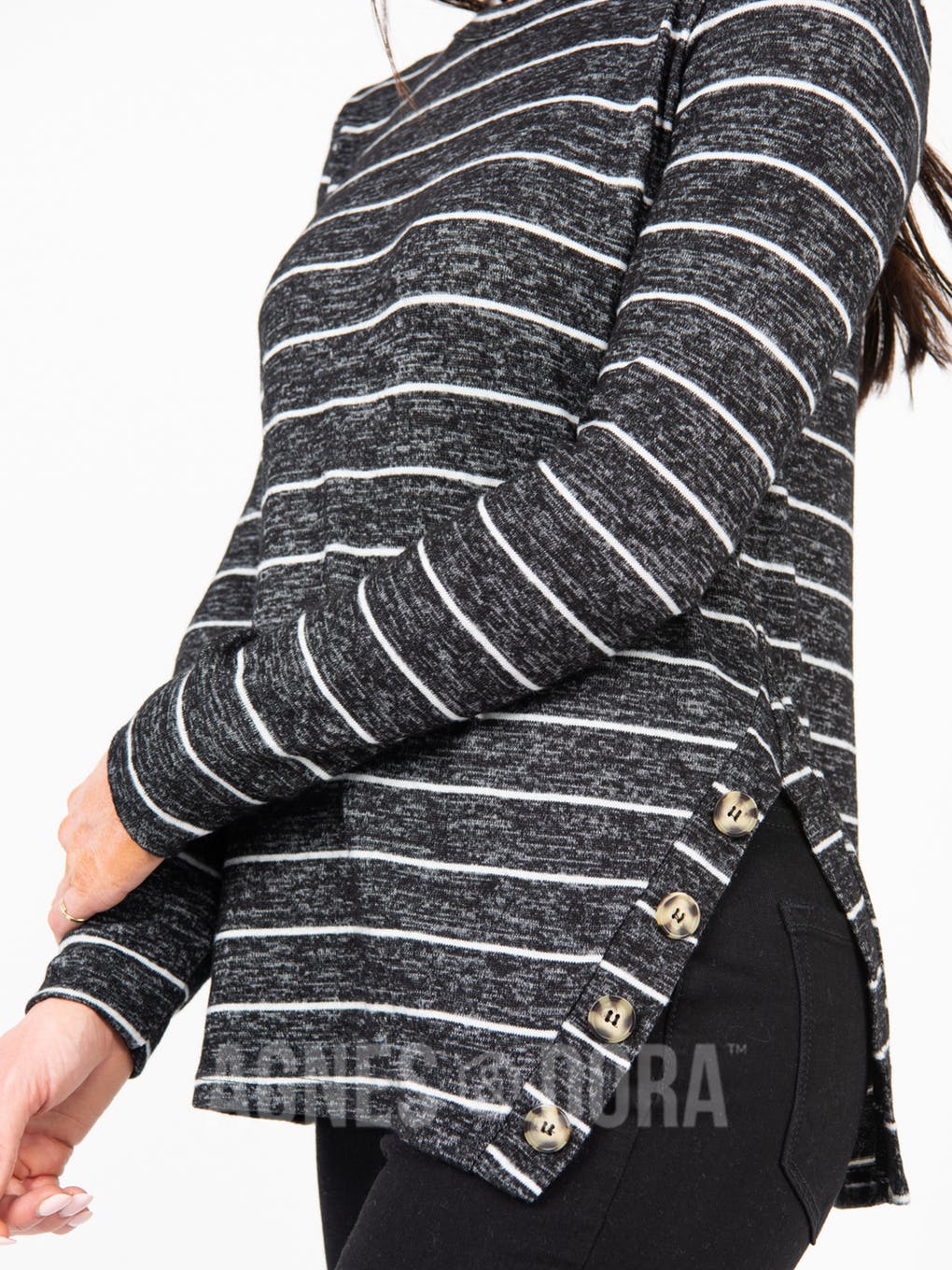 Side Button Sweater Black/Ivory Stripe