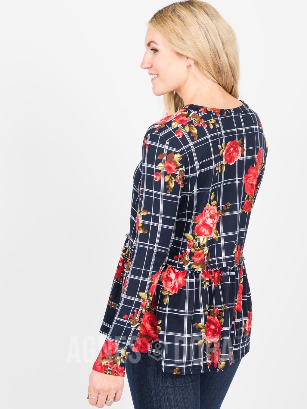 Relaxed Ruffle Tee Long Sleeve Navy (Floral Grid)