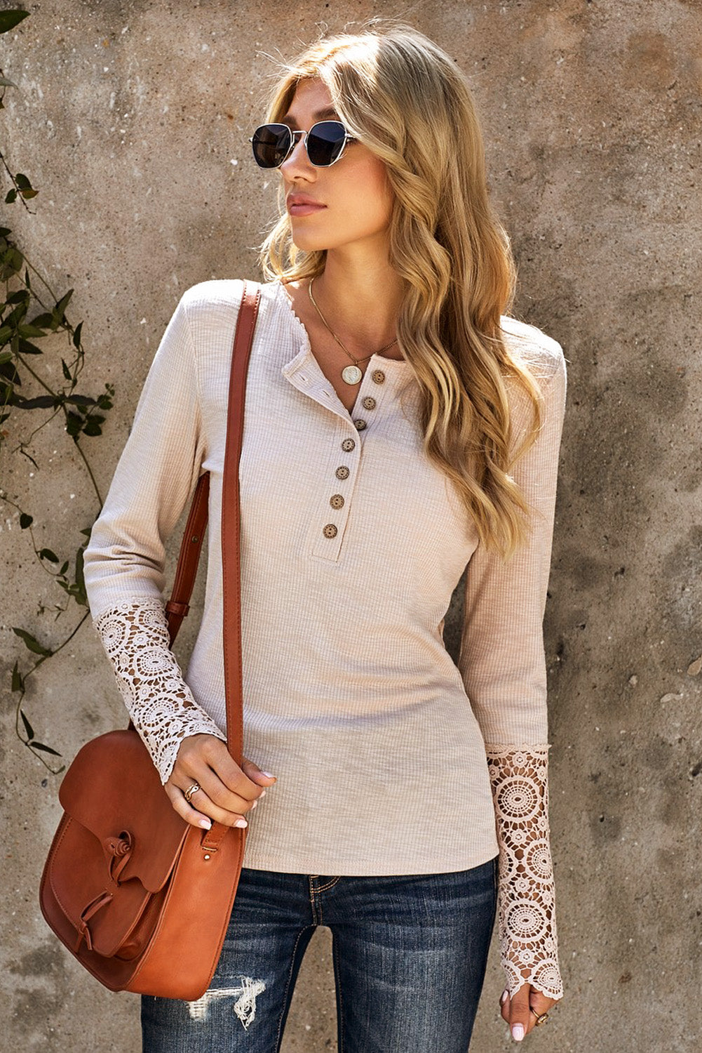 Crochet Lace Hem Sleeve Button Top