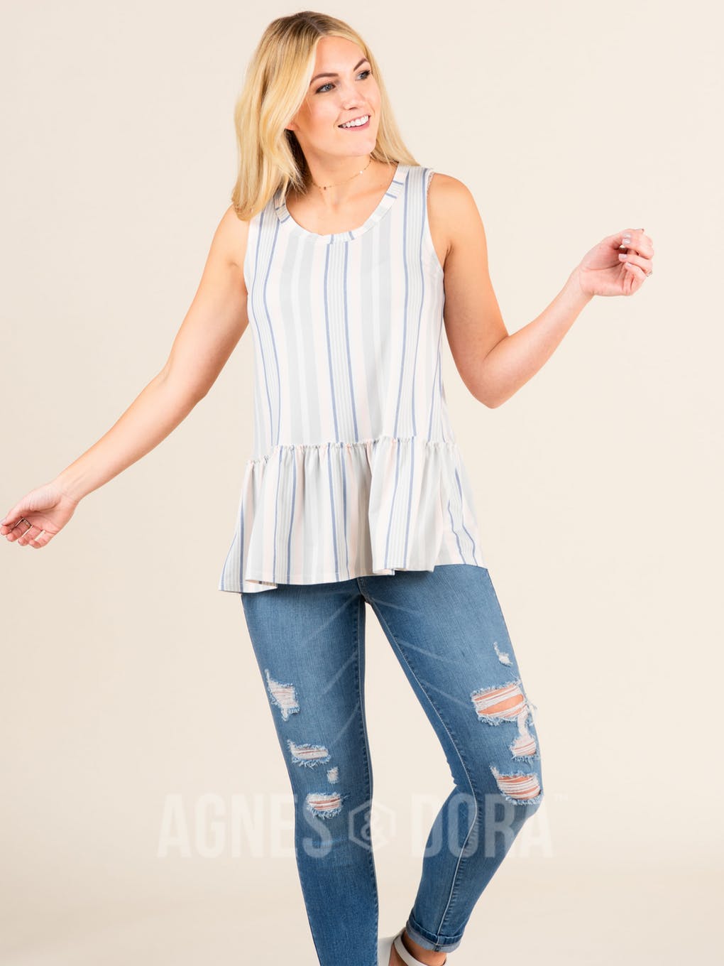 Relaxed Ruffle Tank Blue/Grey/Blush Stripe