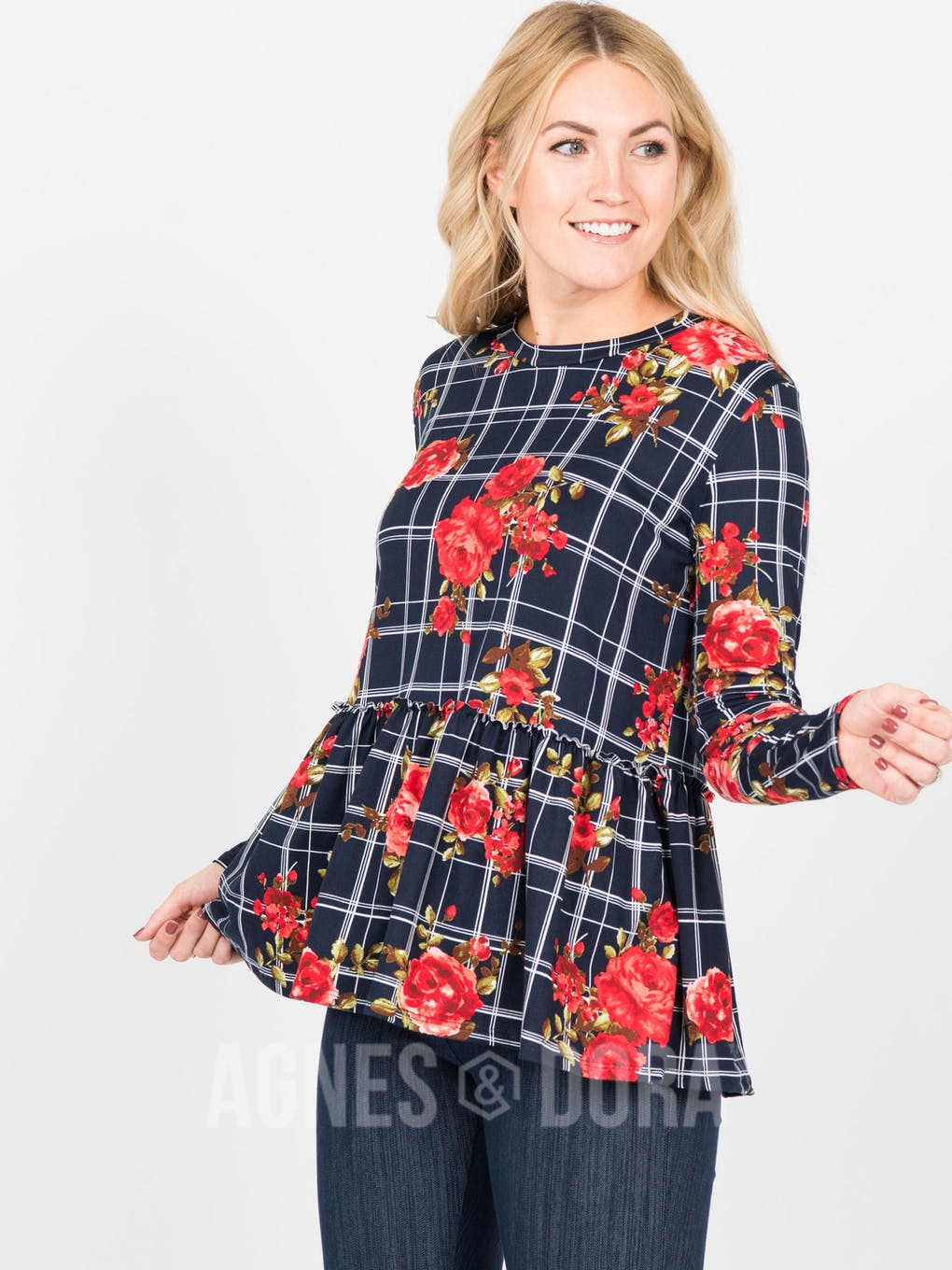 Relaxed Ruffle Tee Long Sleeve Navy (Floral Grid)