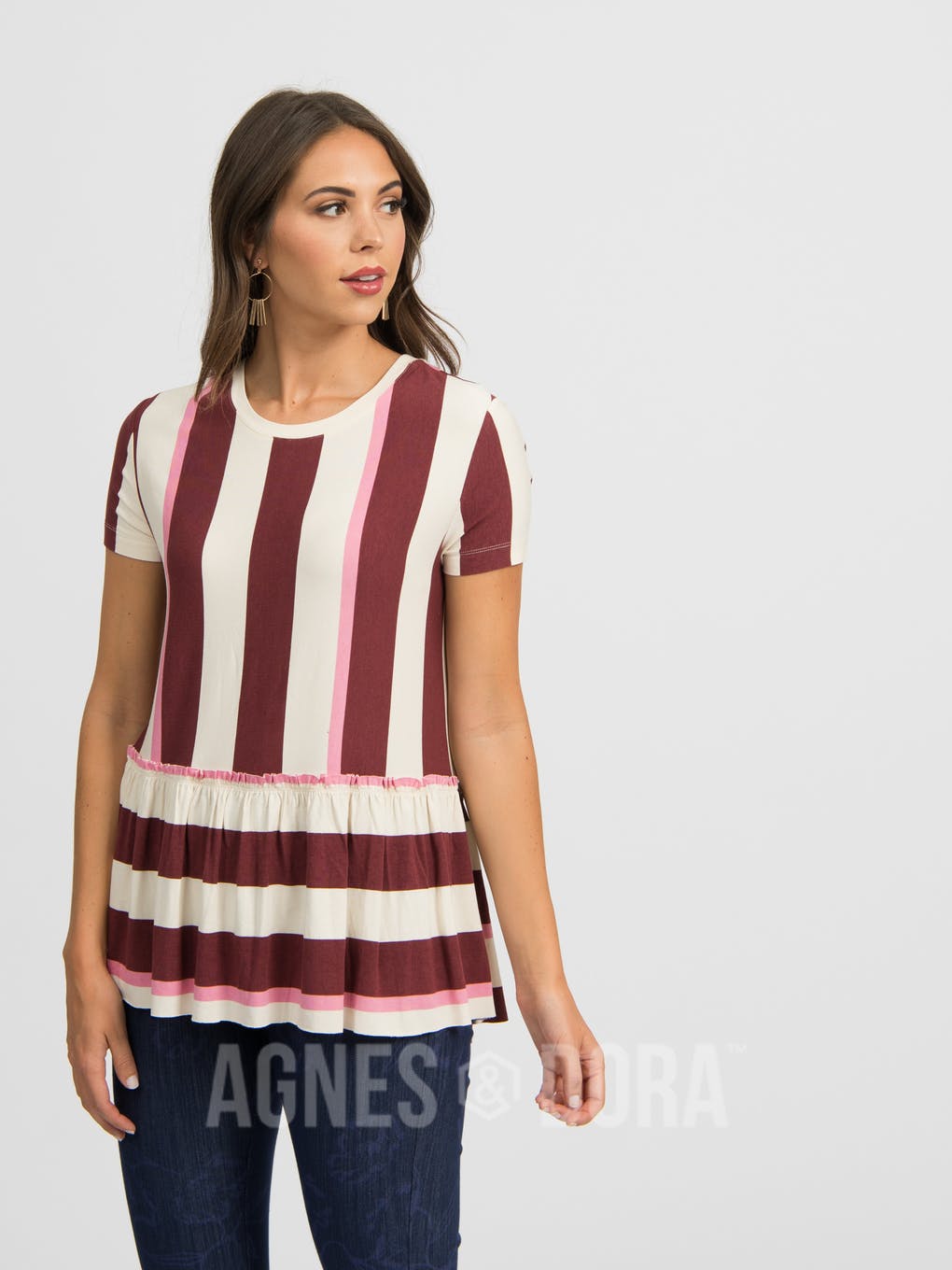 Relaxed Ruffle Tee Hello Fall Stripe - Black Cherry