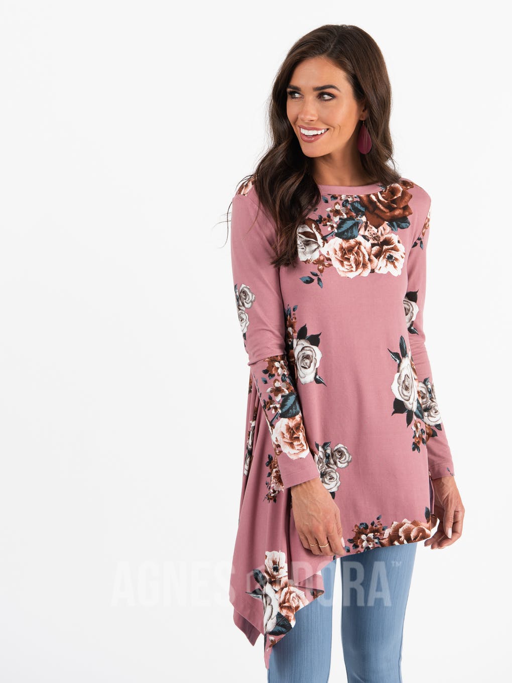 Asymmetrical Tunic Baby Suede Mauve Floral Long Sleeve