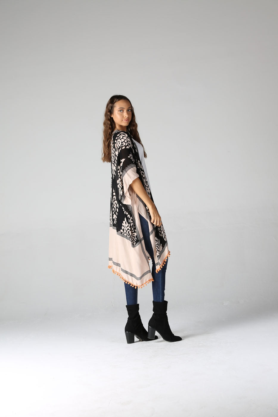 Printed Boho Black Kimono Orange Poms