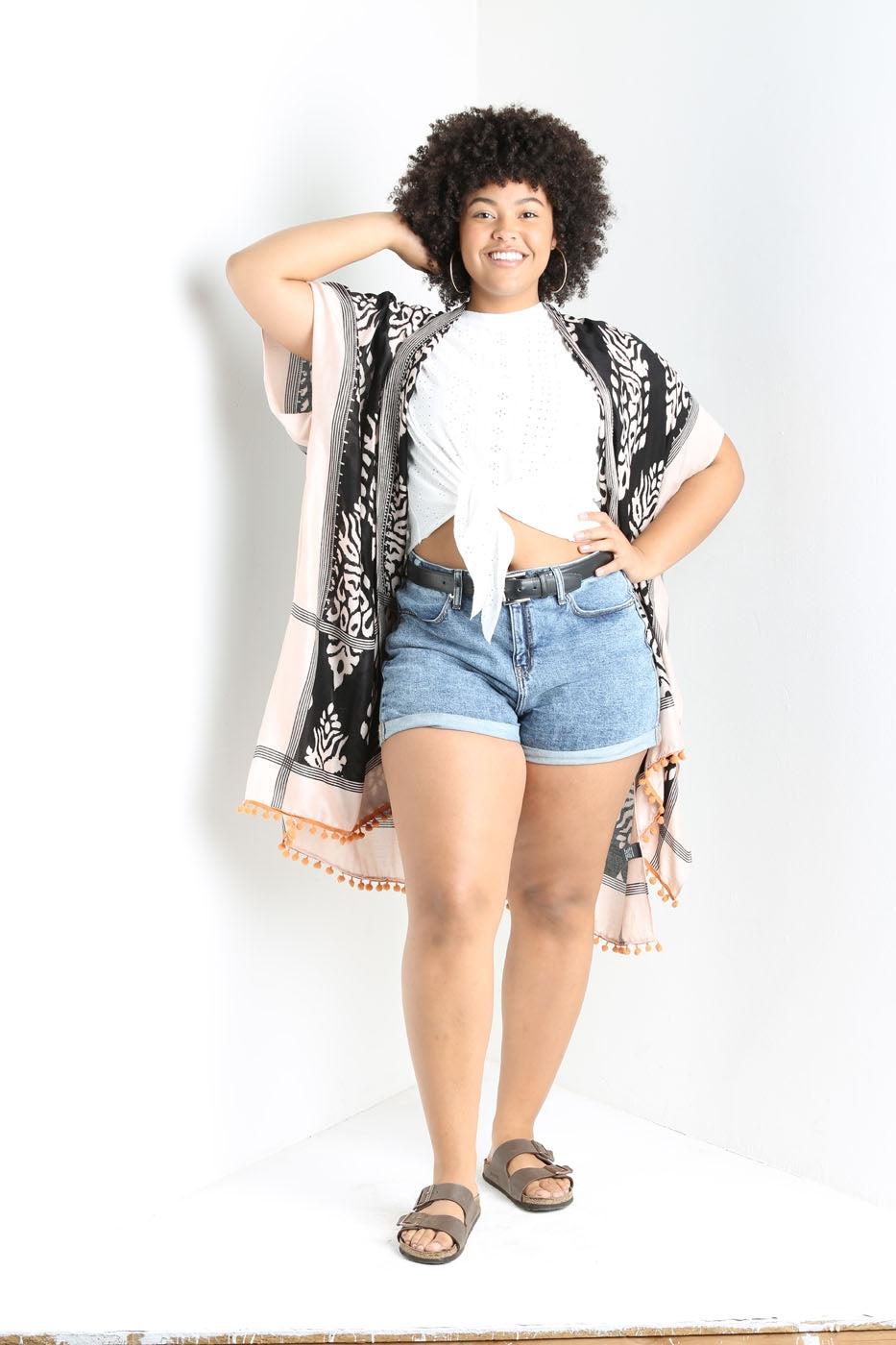 Printed Boho Black Kimono Orange Poms