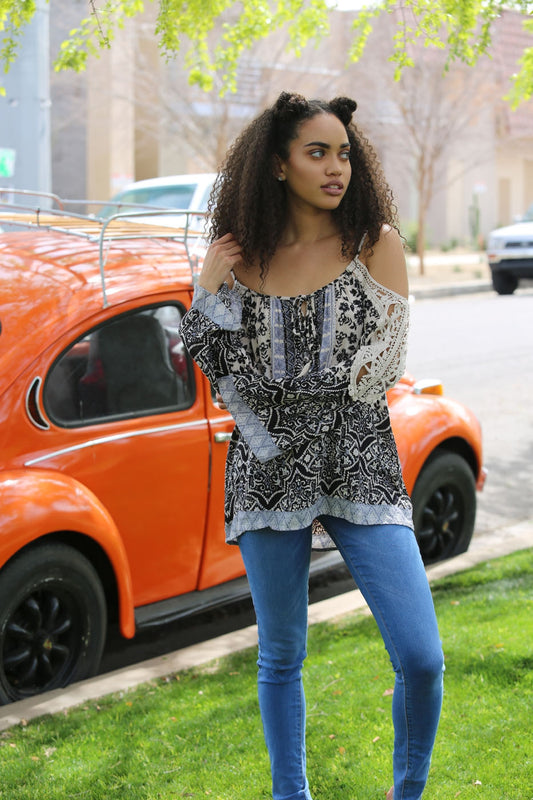 Cold Shoulder Top w/ Crochet Sleeve Details