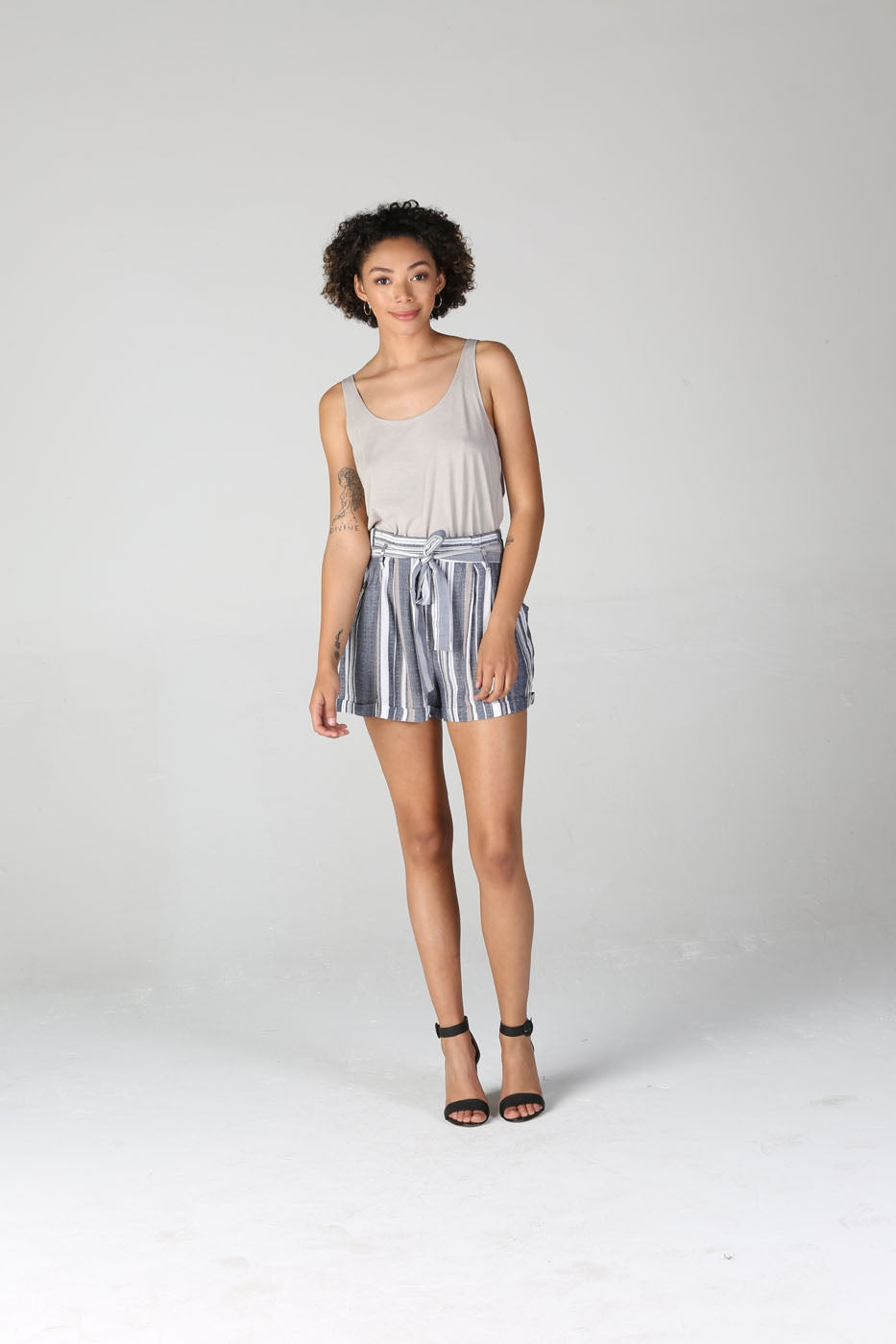 Woven Gray Stripe Tie Waist Shorts