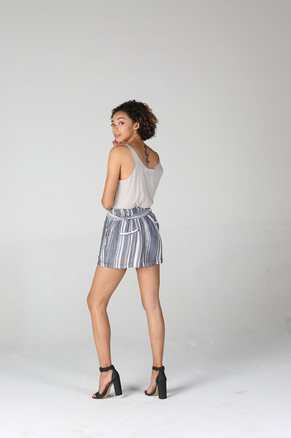 Woven Gray Stripe Tie Waist Shorts