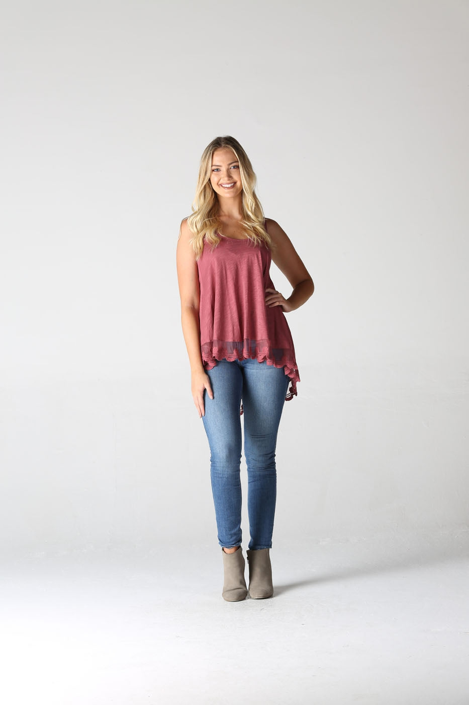 V Neck Lace Hem Tank Coral