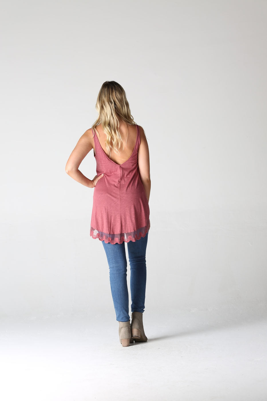 V Neck Lace Hem Tank Coral