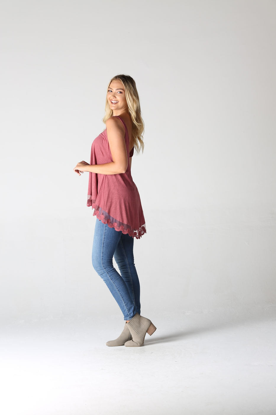 V Neck Lace Hem Tank Coral