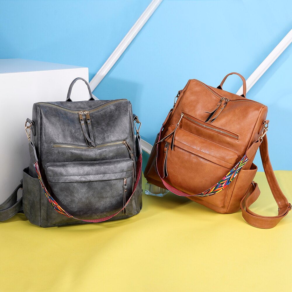 Retro Large Backpack PU Leather w/ Shoulder Strap