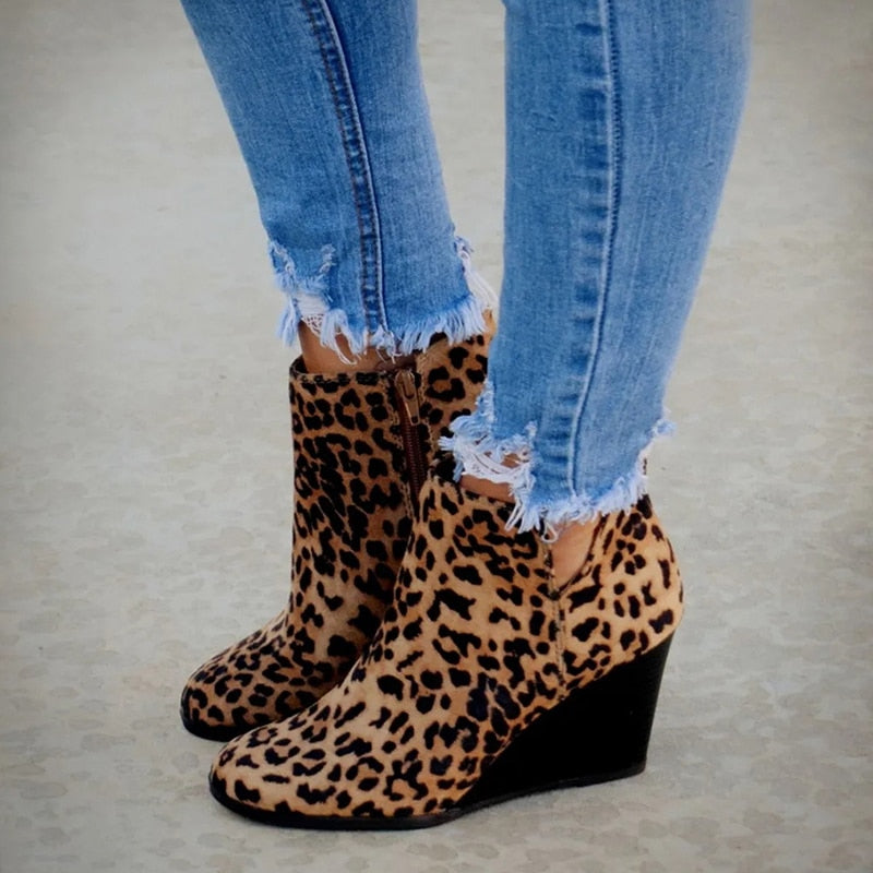 Pointed Toe Boot Tan Black Leopard Ankle Wedge