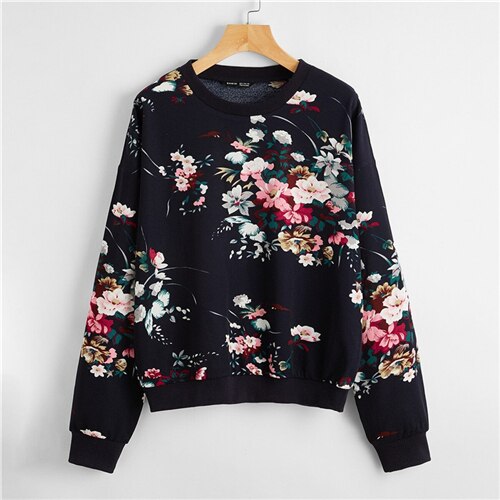 Navy White or Black Drop Shoulder Floral Print Pullover Sweatshirt