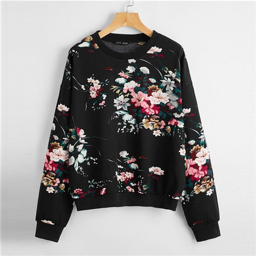 Navy White or Black Drop Shoulder Floral Print Pullover Sweatshirt