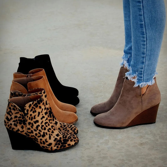 Pointed Toe Boot Tan Black Leopard Ankle Wedge