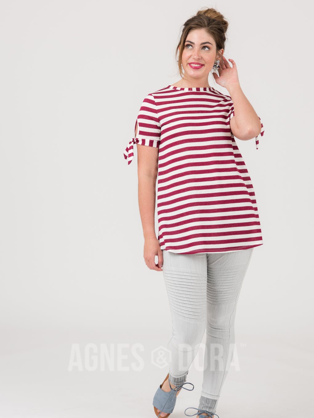 Tie Sleeve Top Ivory Wine Stripe