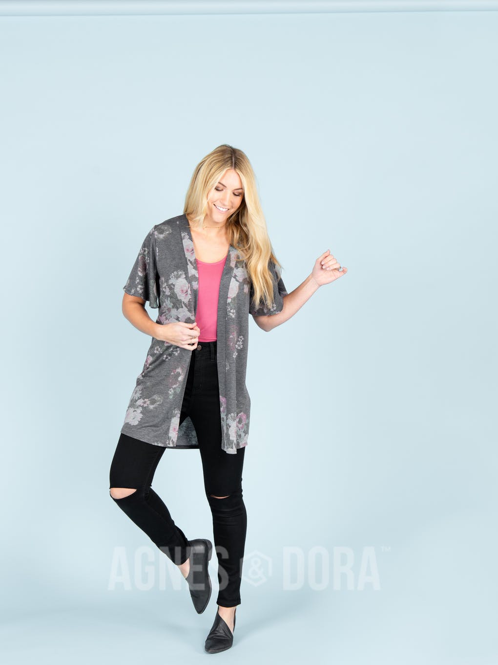 Flutter Sleeve Cardi Charcoal Floral