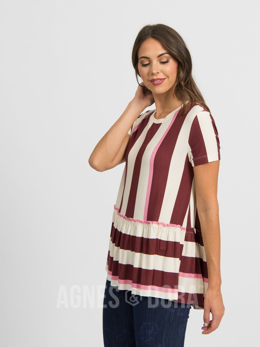 Relaxed Ruffle Tee Hello Fall Stripe - Black Cherry