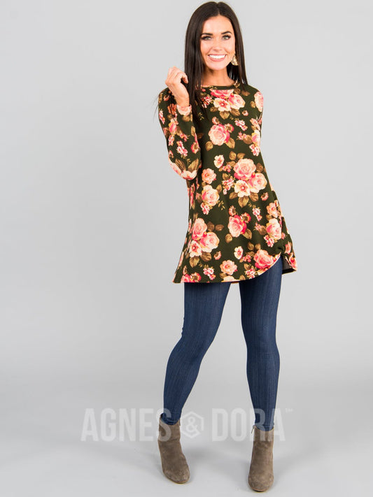 Side Knot Tunic Hacci Olive/Peach Floral