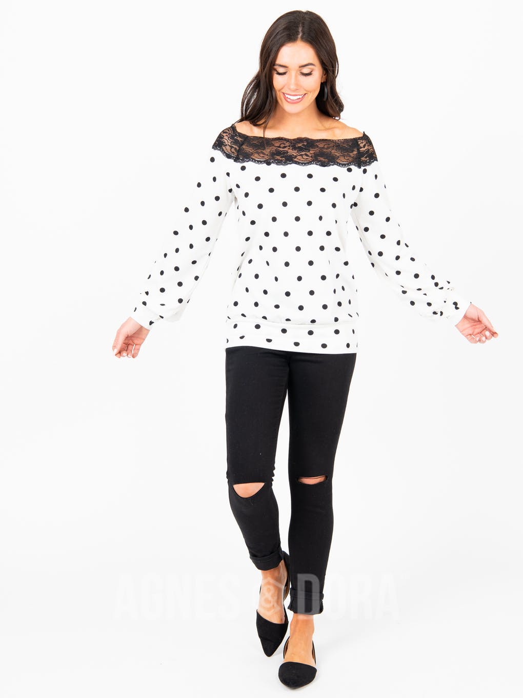 Off the Shoulder Lace Top Ivory Black Dot