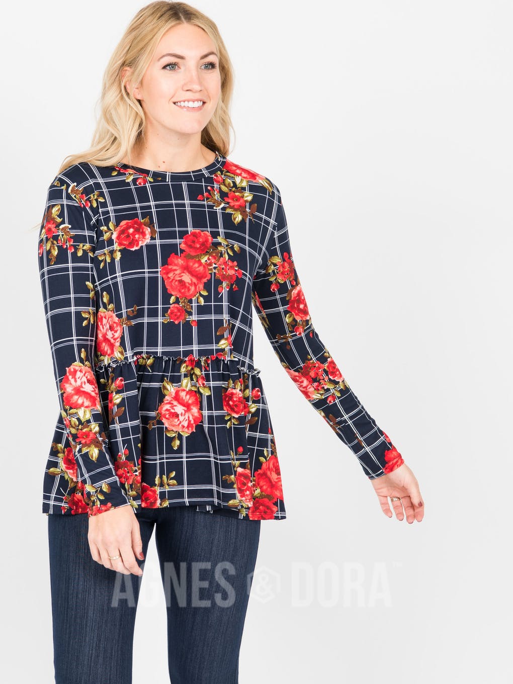 Relaxed Ruffle Tee Long Sleeve Navy (Floral Grid)