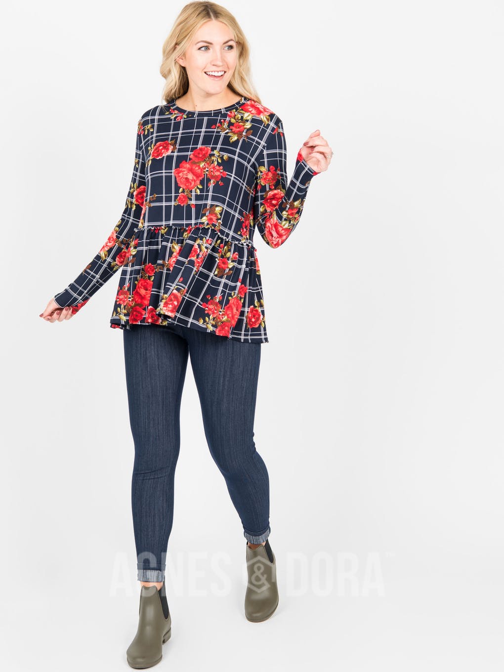 Relaxed Ruffle Tee Long Sleeve Navy (Floral Grid)