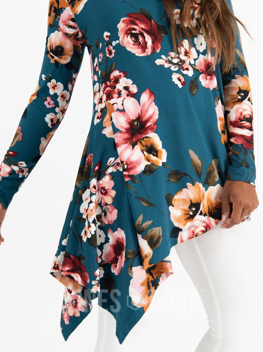 Asymmetrical Tunic Baby Suede Teal Based Floral Long Sleeve