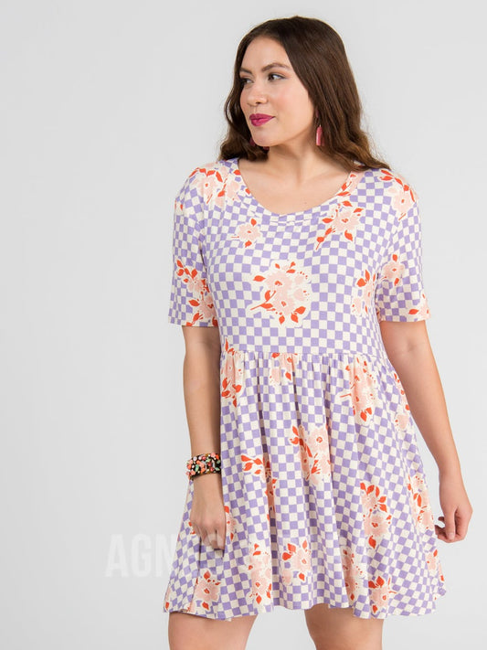 Modern Tunic Dress Checkered Floral