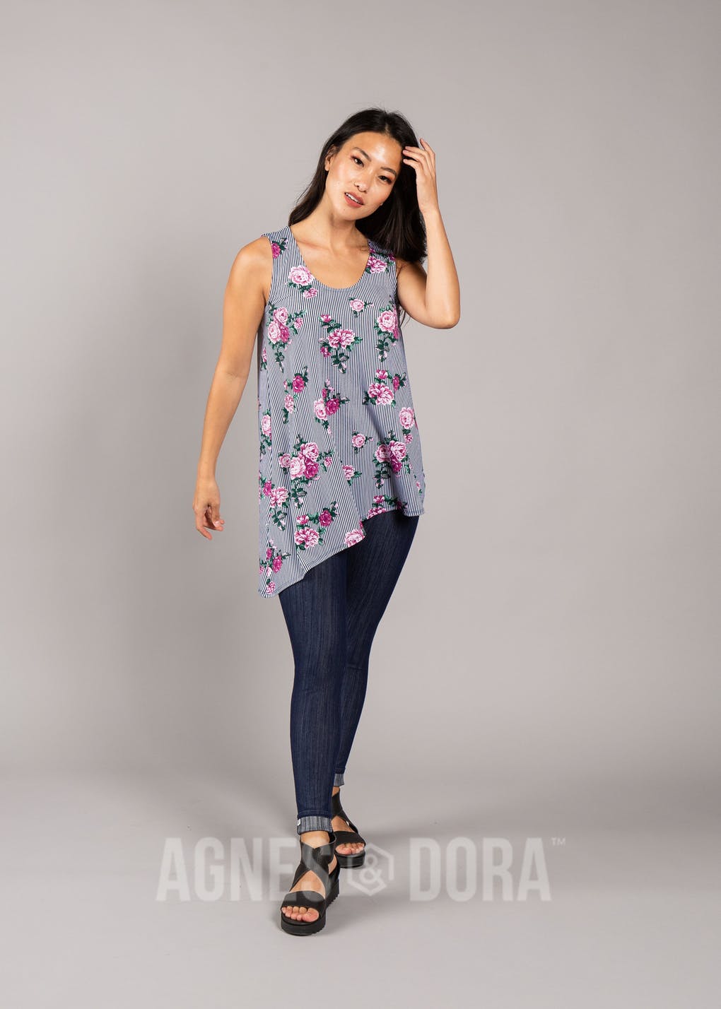 Asymmetrical Tank Navy/Plum Stripe Floral