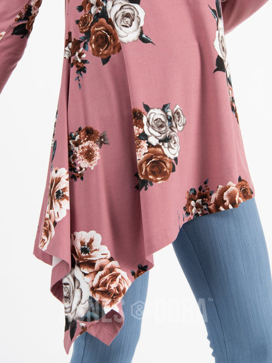 Asymmetrical Tunic Baby Suede Mauve Floral Long Sleeve