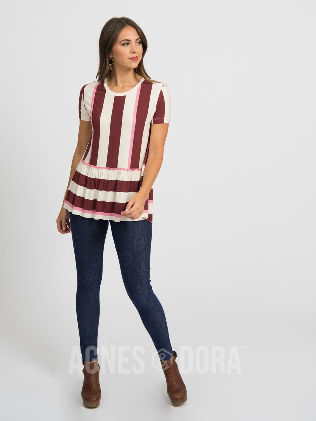 Relaxed Ruffle Tee Hello Fall Stripe - Black Cherry