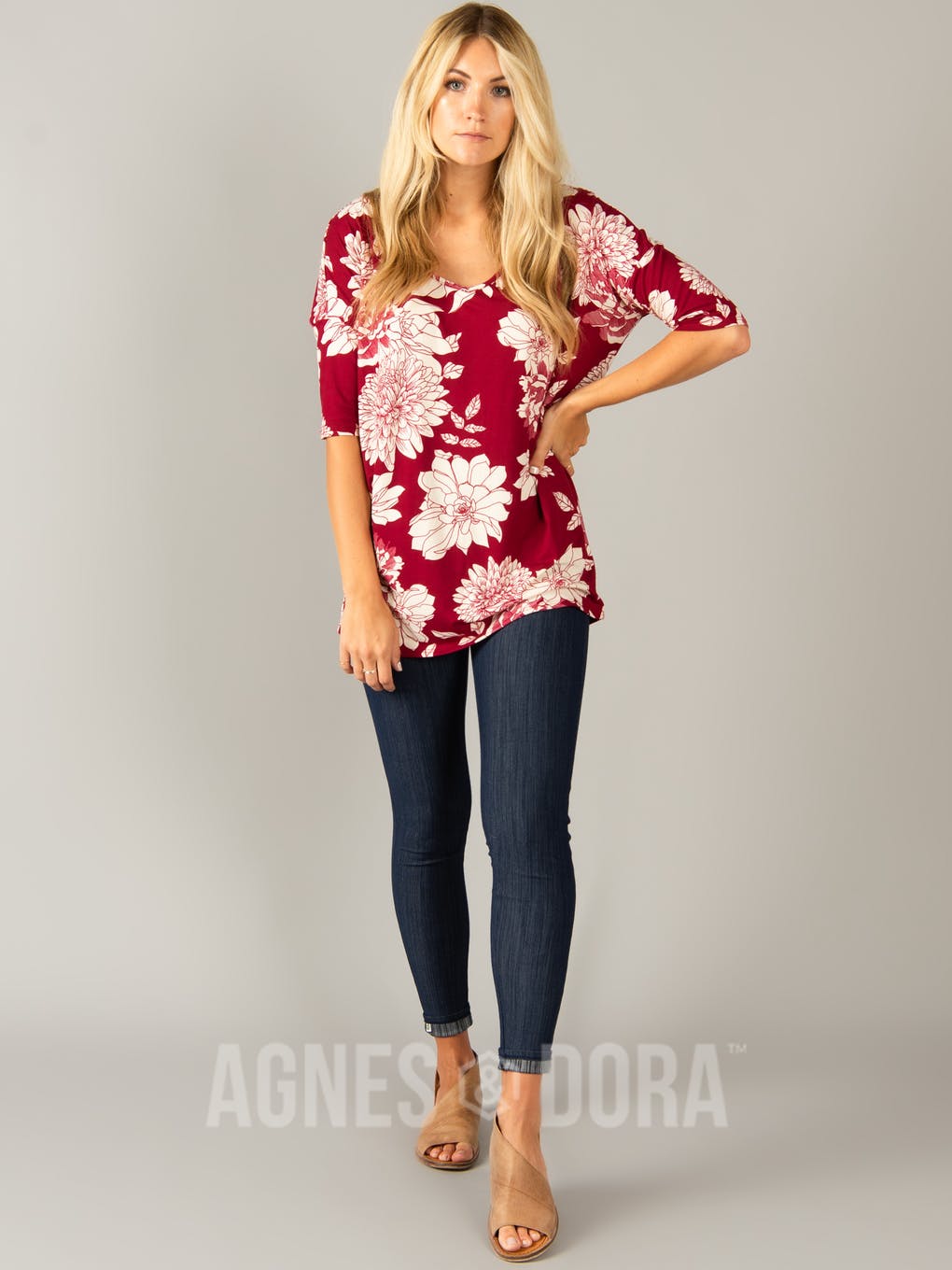 Urban Pullover Double V-Neck Magenta Ivory Floral