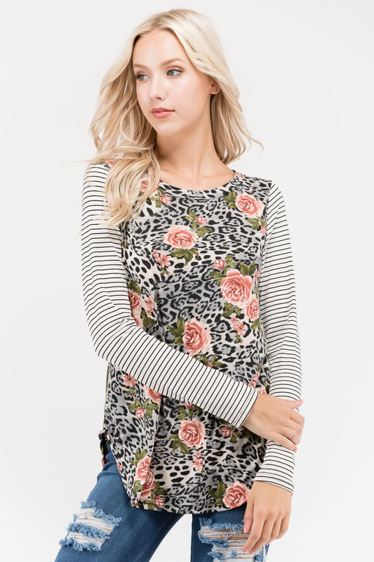 Leopard Floral Top w/Black and White Striped Sleeves