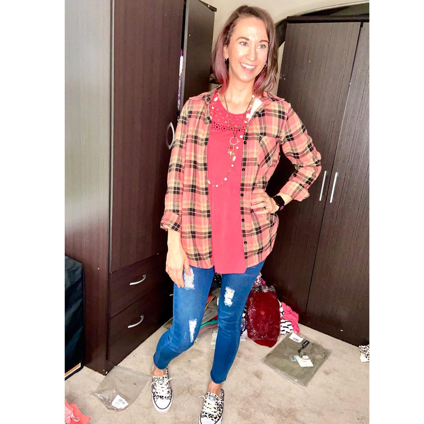 Coral Black Plaid Fleece Lined Flannel Shirt Top Jacket