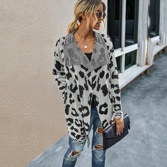 White Knit Leopard Print Cardigan With Pockets